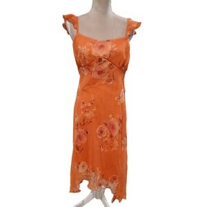Vtg Y2k Empire Waist Babydoll Orange Floral Midi Dress Bias Cut Womens sz 12